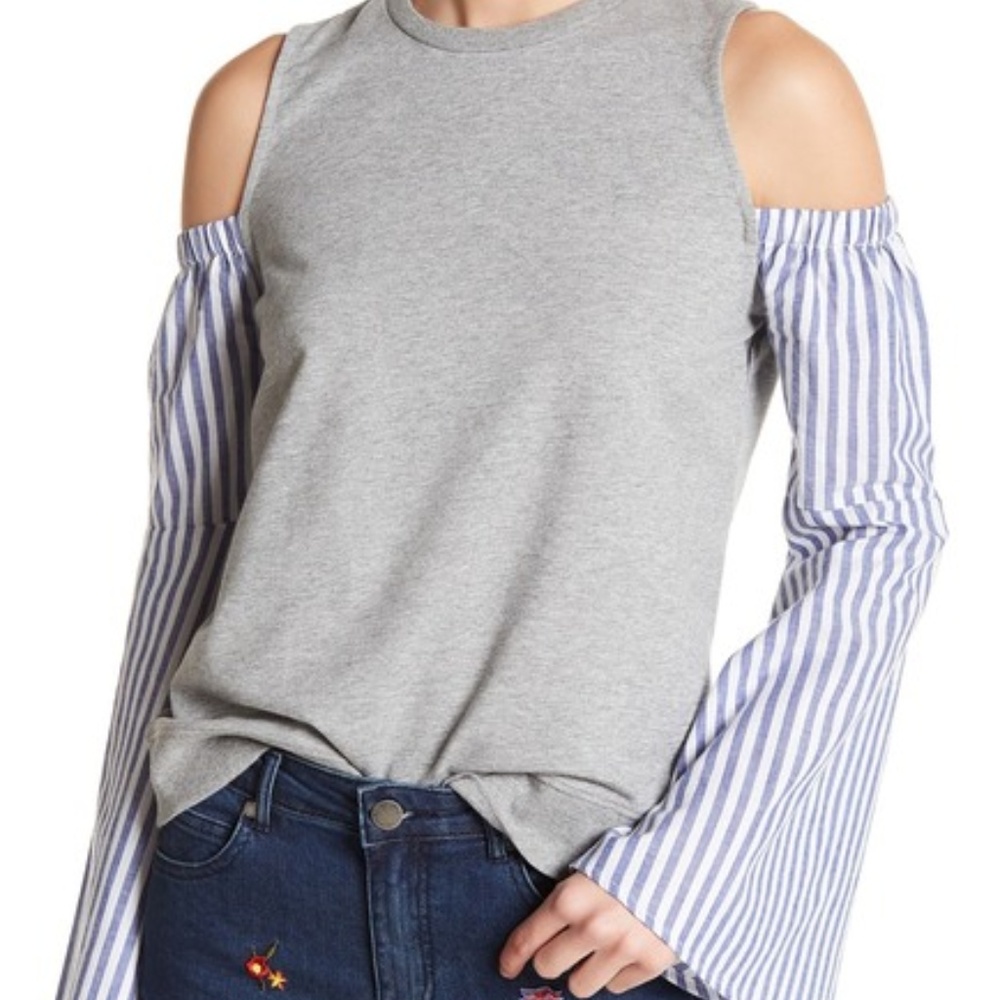 Romeo & Juliet Couture Top Size L Gray Blue‎ White Stripe Bell Sleeves NEW